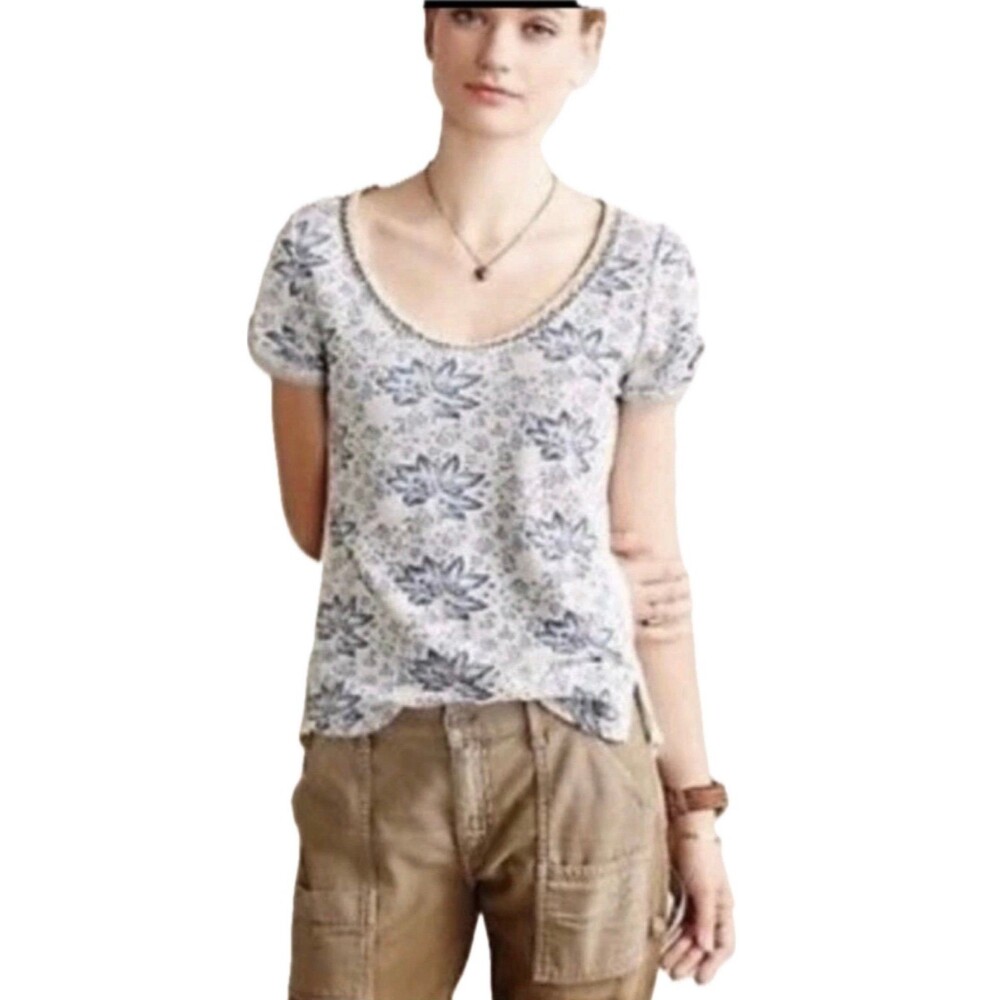 Anthropologie Akemi + Kin Tipperary Floral Braided Neckline Mix Material Top M